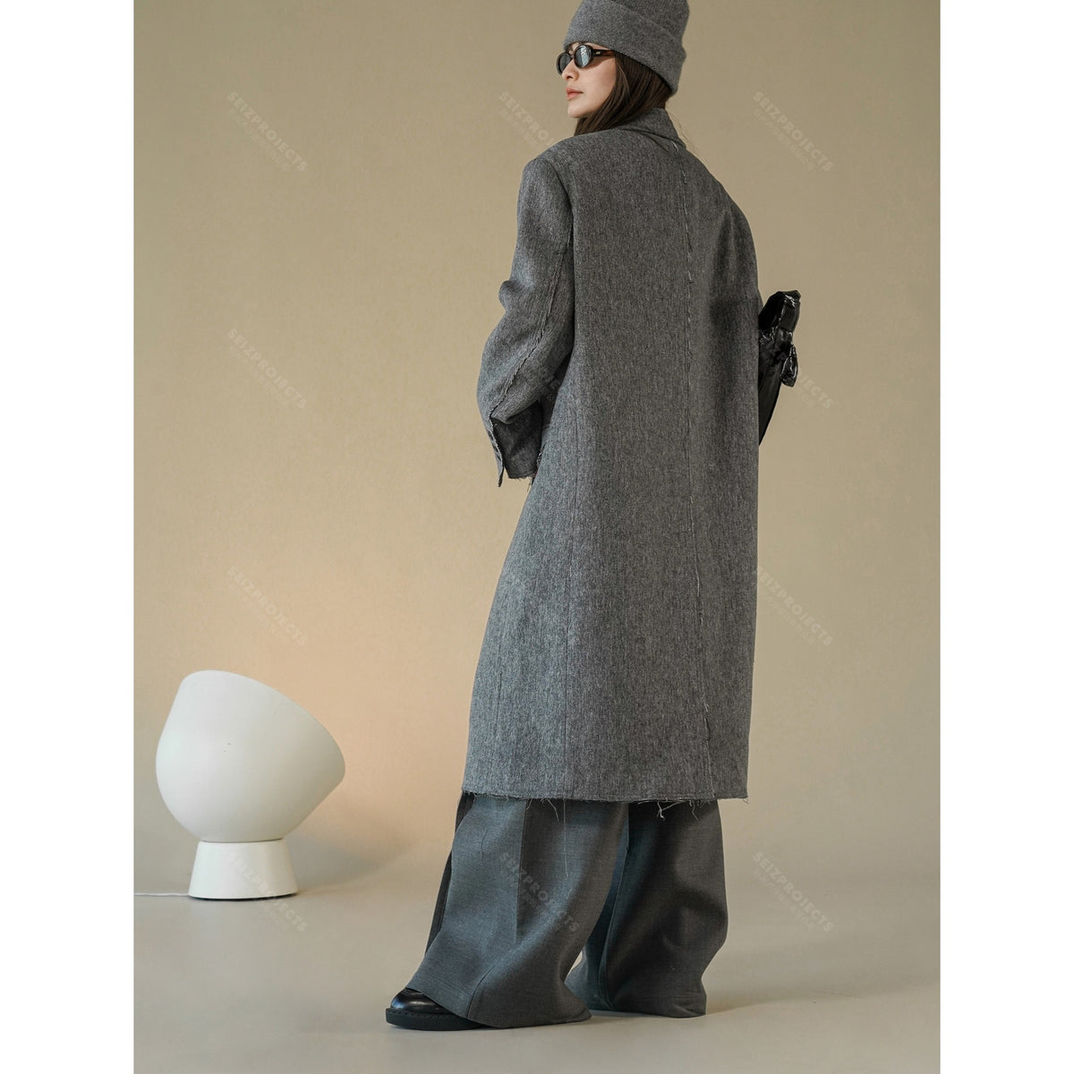 Women Boxy Long Coat made of Wool Blend with Frayed Edges and Double-Breasted EVA-US