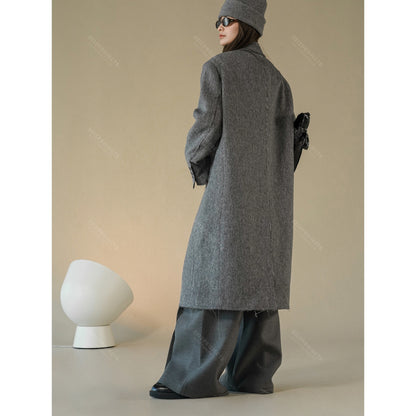 Women Boxy Long Coat made of Wool Blend with Frayed Edges and Double-Breasted EVA-US