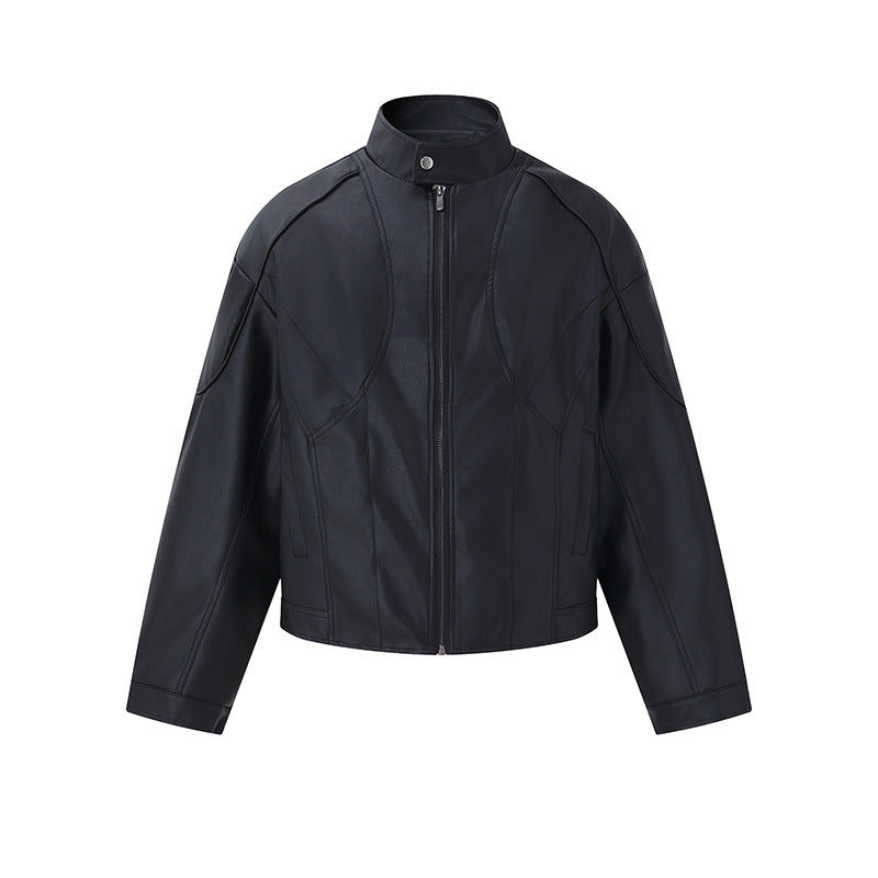 Men's Short Boxy Mock-Leather Jacket with Geometric Seam Design EVA-US