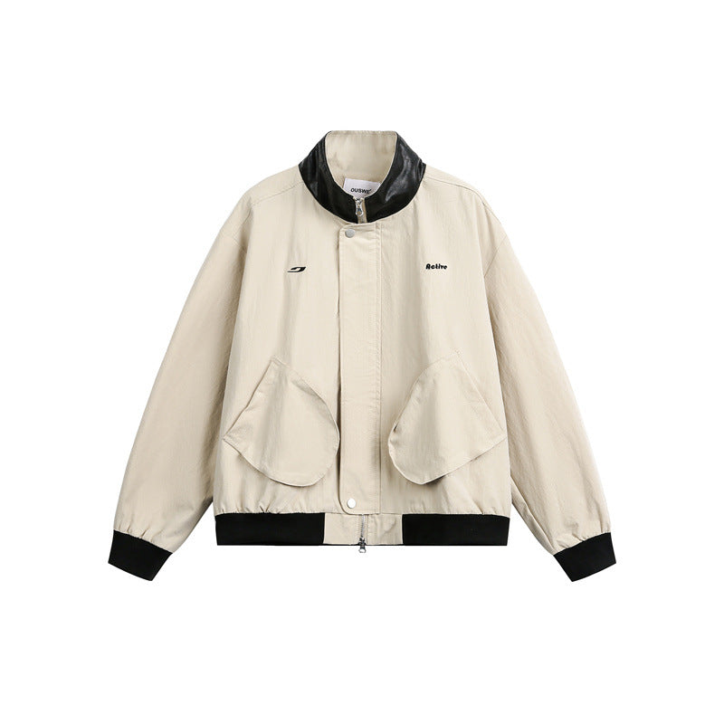 Unisex Short Cut Boxy Bomber Jacket with Contrast Collar and Large Flap Pockets EVA-US
