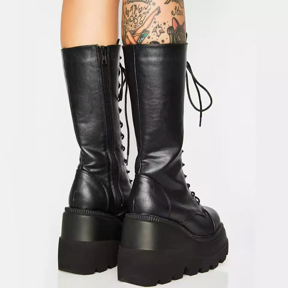 Women High-Quality Lace-Up Boots with Platform Heel and Side Zipper