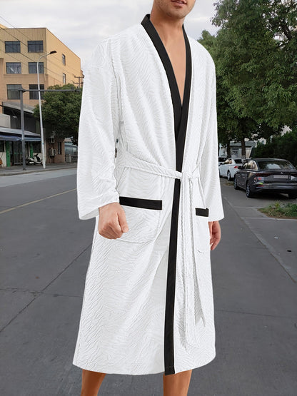 Men's lightweight cotton kimono bathrobe with waffle texture and patch pockets EVA-US
