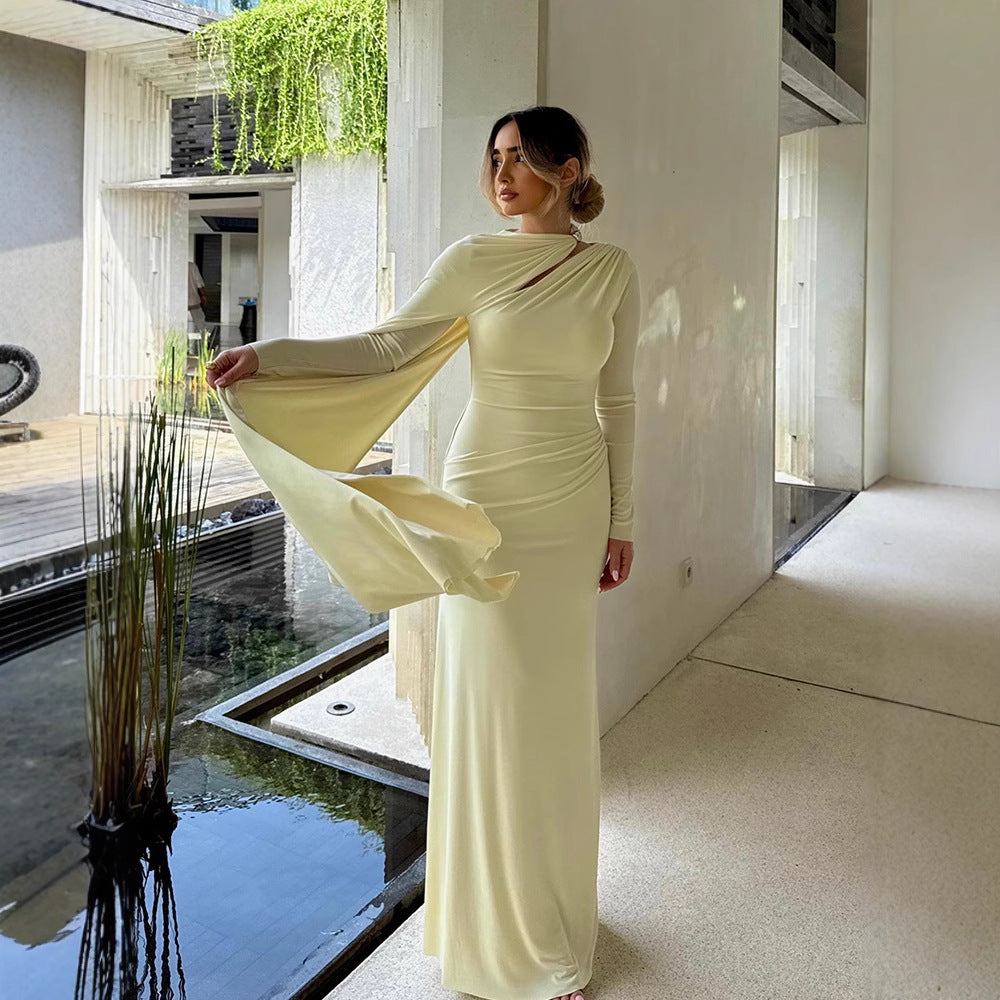 Women's Tailored Maxi Dress with Asymmetric Cape and High Collar EVA-US