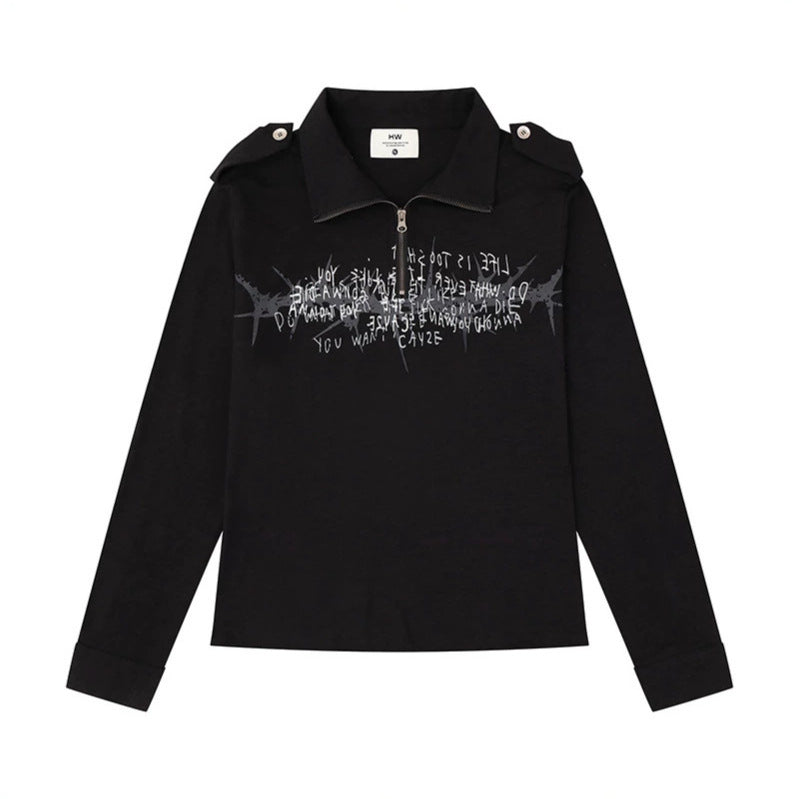 Women's long sleeve polo shirt with short zipper, shoulder pads and statement print EVA-US