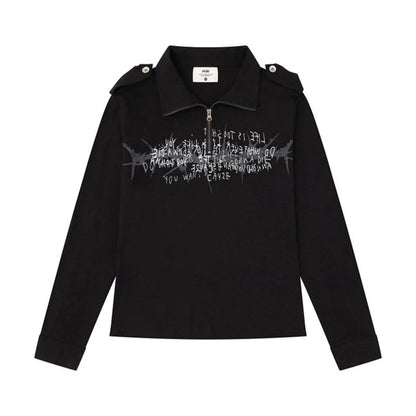 Women's long sleeve polo shirt with short zipper, shoulder pads and statement print EVA-US
