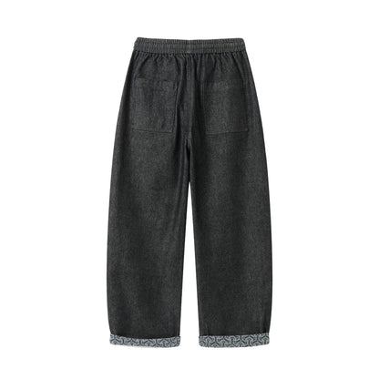 Women's culotte jeans with elastic drawstring waistband and patterned cuff
