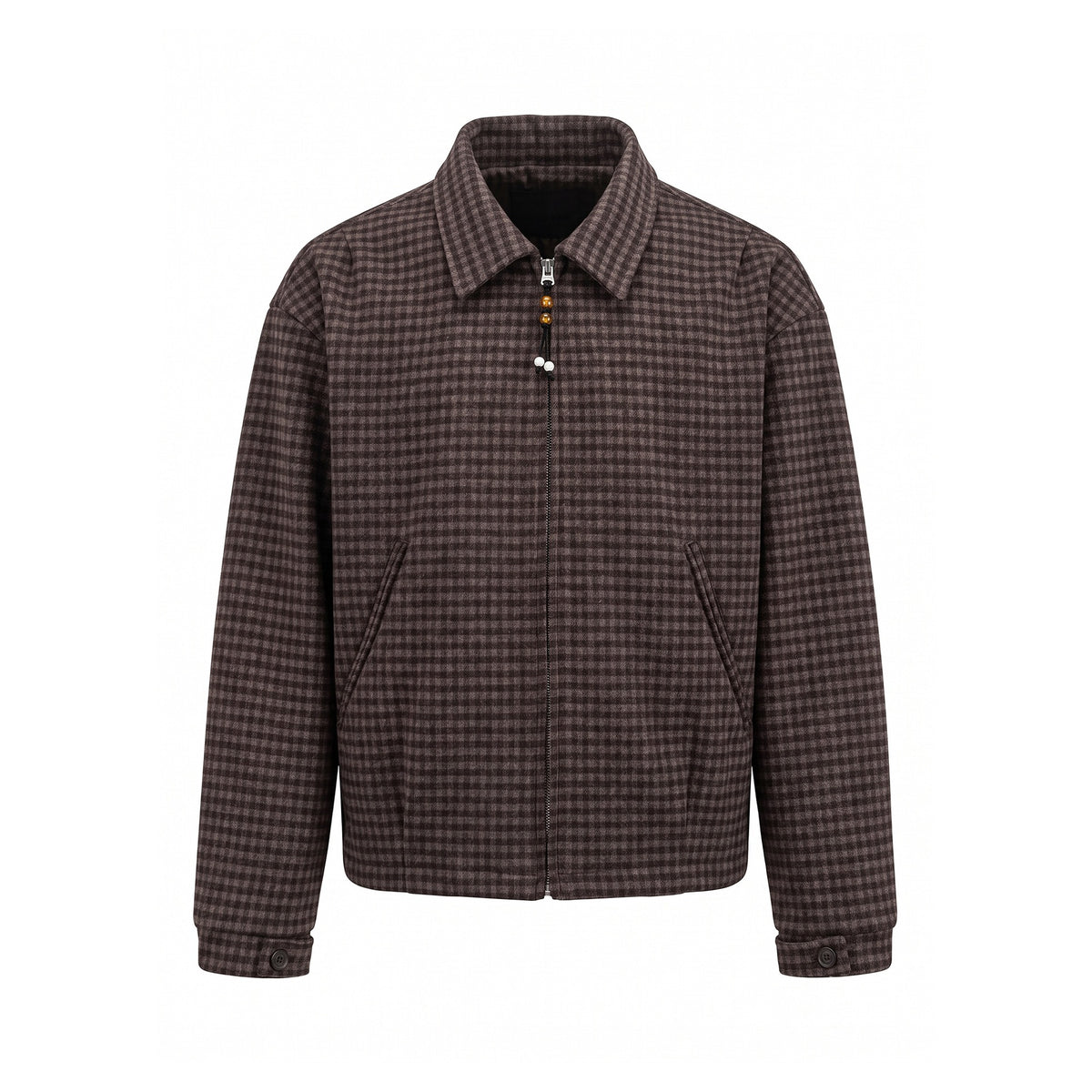 Men's Short-Cut Wool Blend Bomber with Houndstooth Pattern and Concealed Zipper