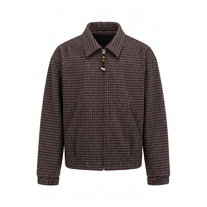 Men's Short-Cut Wool Blend Bomber with Houndstooth Pattern and Concealed Zipper