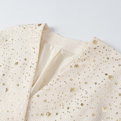 Women's Sleeveless Boucle Vest with Sequin Trim and V-Neck Dress