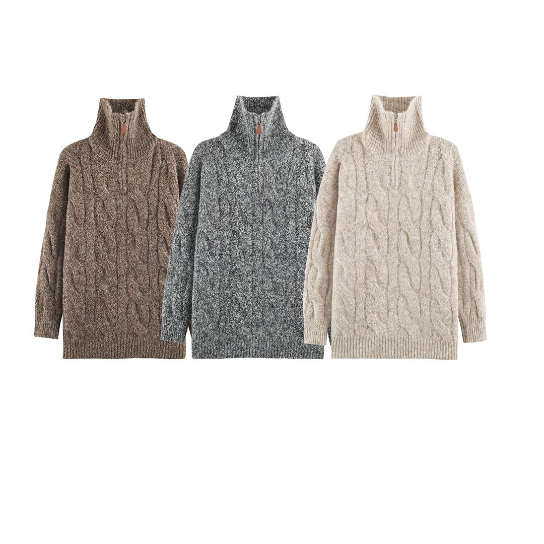 Women's Chunky Knit Long Sweater with Cable Pattern and Half-High Zip Collar EVA-US