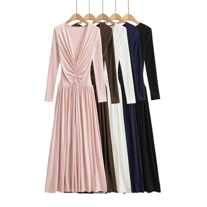 Women Maxi Dress with Ruched Wrap Top, Deep V-Neck and Lace Trim EVA-US