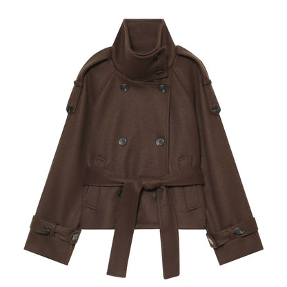 Ladies short cape jacket made of wool blend with high standing collar, double-breasted and tie belt EVA-US