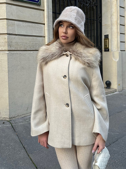 Women's short coat with faux fur shawl collar & boxy oversized silhouette EVA-US
