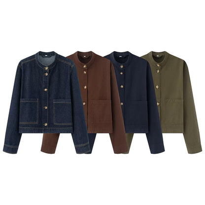 Women's short jacket with stand-up collar, boxy-cropped silhouette and patch pockets EVA-US