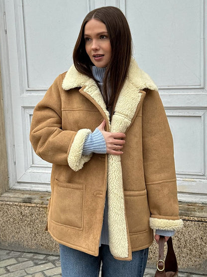 Women's Boxy Lambskin Look Coat with Folded Teddy Collar EVA-US