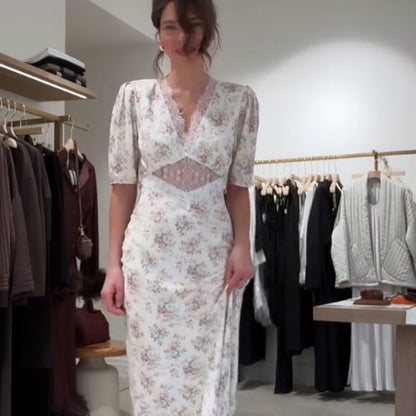 Ladies Romantic Maxi Dress made of flowing satin with lace cut-out & puff sleeves EVA-US
