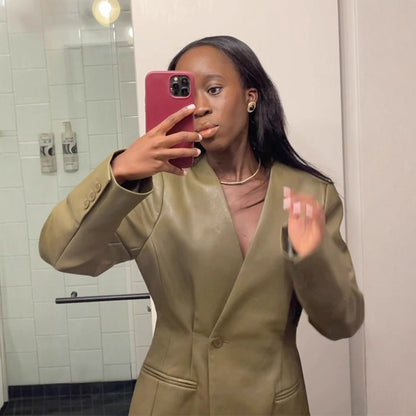 Ladies Fitted Faux Leather Blazer with Single-Breasted Button Placket and Defined Shoulder EVA-US