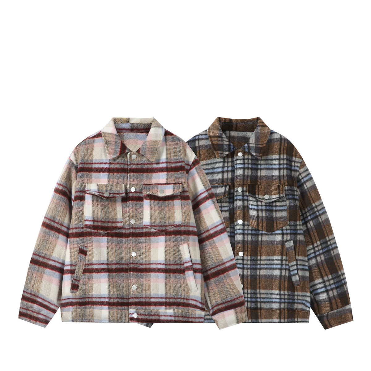Women's short-cut checked overshirt jacket made of wool mix with snap button front and flap pockets.