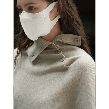 Women's Asymmetrical Knit Poncho with Button Collar and Oversized Silhouette EVA-US