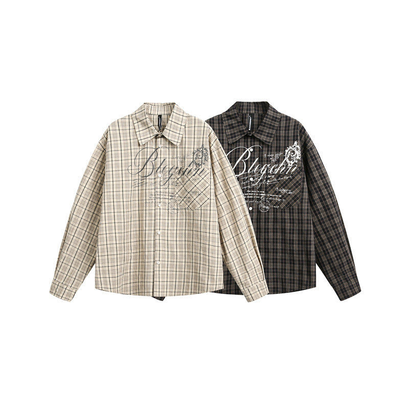 Women's Checkered Oversized Shirt Blouse with Chest Pocket and Decorative Letter Print EVA-US