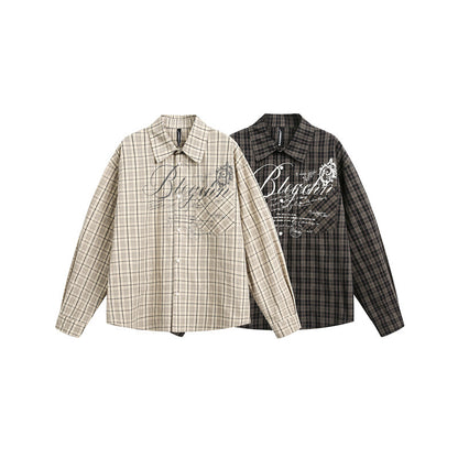 Women's Checkered Oversized Shirt Blouse with Chest Pocket and Decorative Letter Print EVA-US
