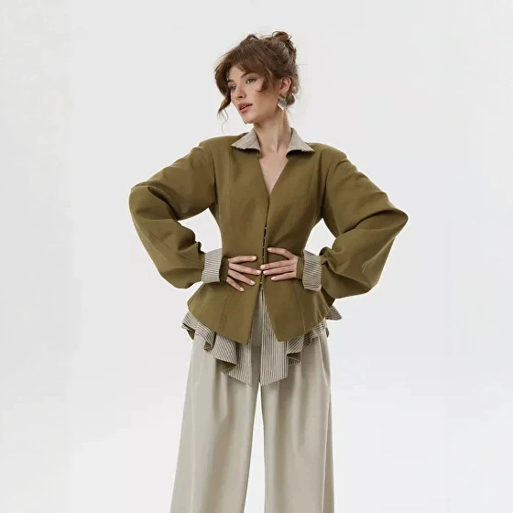 Women's tailored jacket with stand-up collar, cut-out and balloon sleeves EVA-US