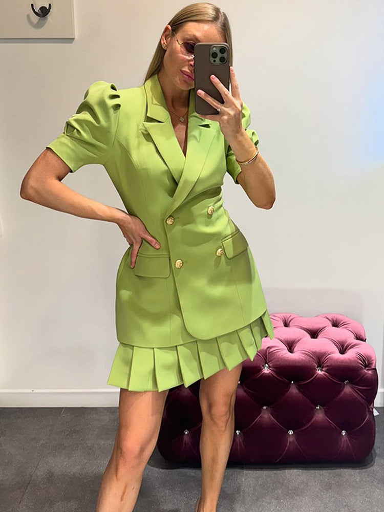 Women Double-breasted Blazer Dress with Puff Sleeves and Pleated Hem EVA-US
