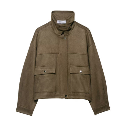 Women’s short jacket made of velour imitation with high funnel collar and flap pockets EVA-US