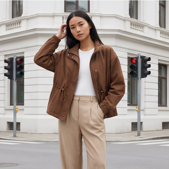 Women's utility field jacket with drawstring waist, high collar, and elastic cuffs EVA-US