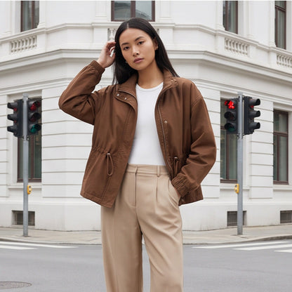 Women's utility field jacket with drawstring waist, high collar, and elastic cuffs EVA-US