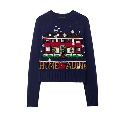 Women Cropped Christmas Sweater with Intarsia House Motif and Round Neckline EVA-US