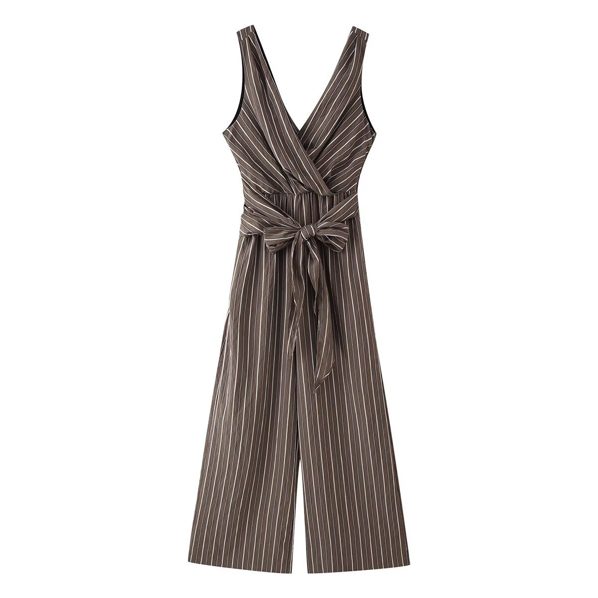 Ladies Sleeveless Wrap Jumpsuit with Wide Leg and Waist Belt EVA-US