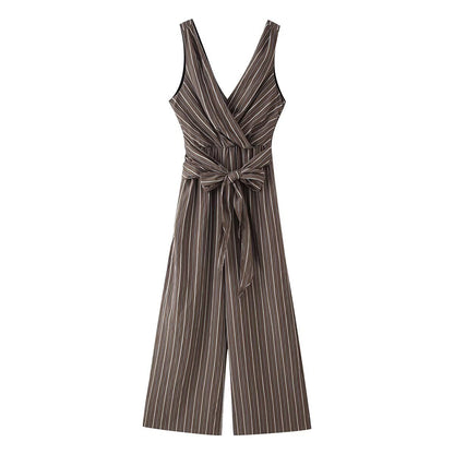Ladies Sleeveless Wrap Jumpsuit with Wide Leg and Waist Belt EVA-US