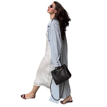 Women's Lightweight Long Trench Coat Made from Technical Material with Concealed Button Placket and Loose Fit EVA-US