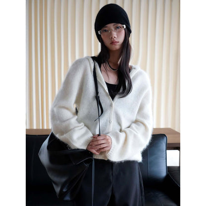 Women Soft Mohair Blend Hooded Button Cardigan with Relaxed Fit EVA-US