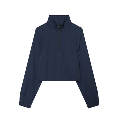 Women's Short Cut Windbreaker with Half Zipper, High Stand Collar and Drawstring