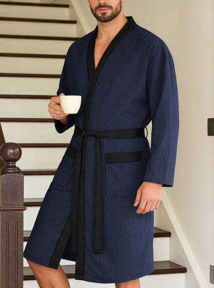 Men's lightweight cotton kimono bathrobe with waffle texture and patch pockets EVA-US
