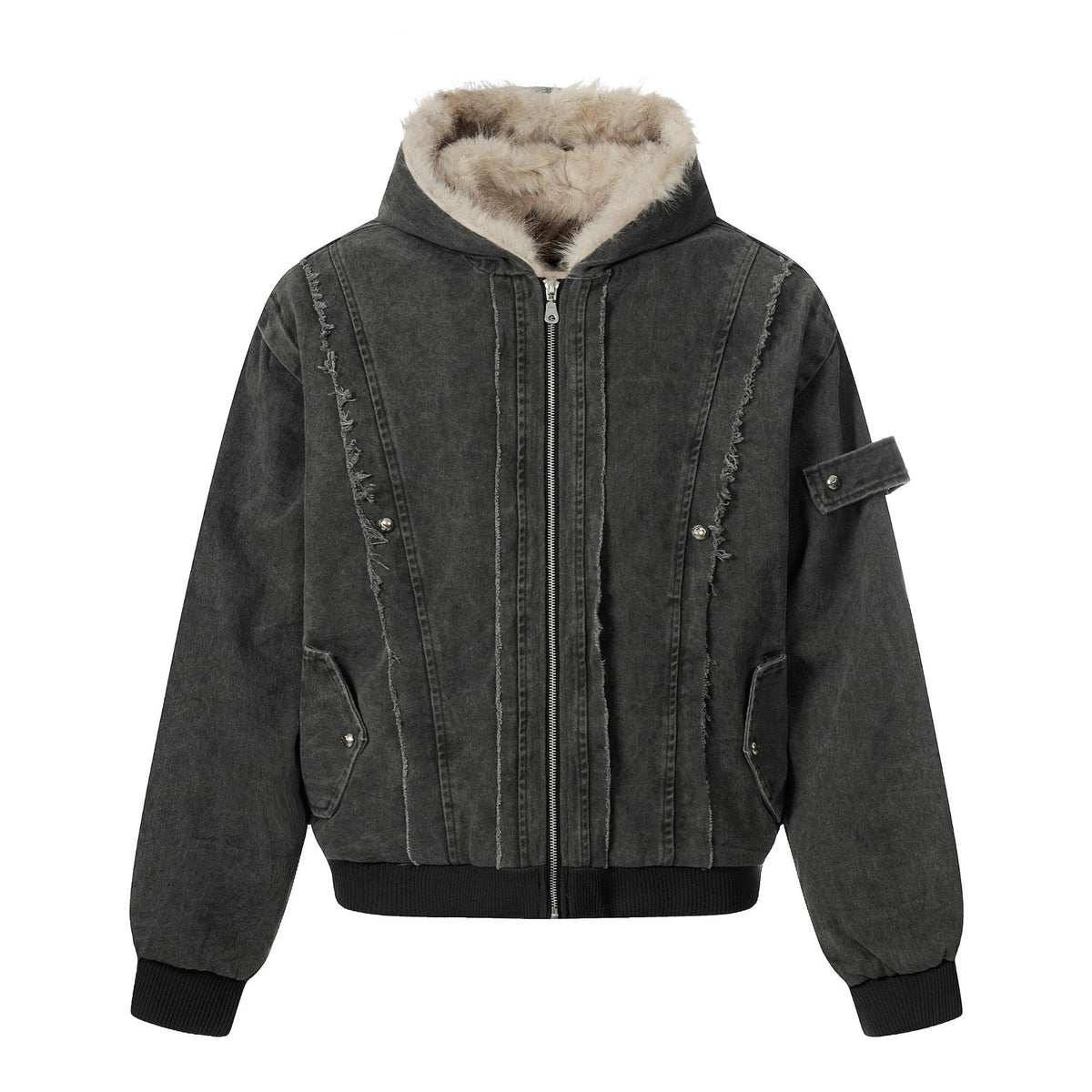 Men's Vintage-Inspired Denim Bomber Jacket with Teddy Fur Hood EVA-US