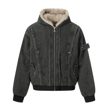 Men's Vintage-Inspired Denim Bomber Jacket with Teddy Fur Hood EVA-US