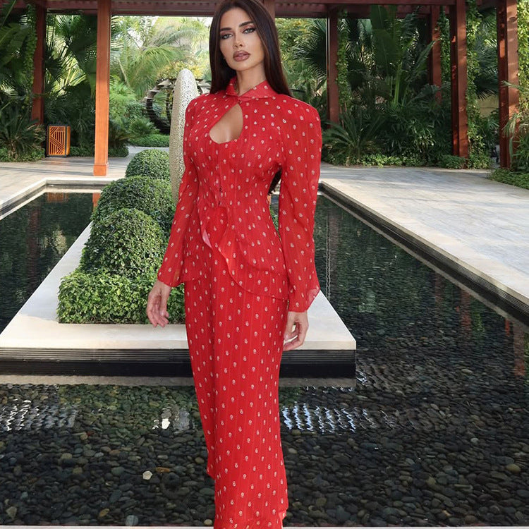Women's Tailored Midi Dress with Keyhole Neckline, Peplum and Long Puff Sleeves EVA-US