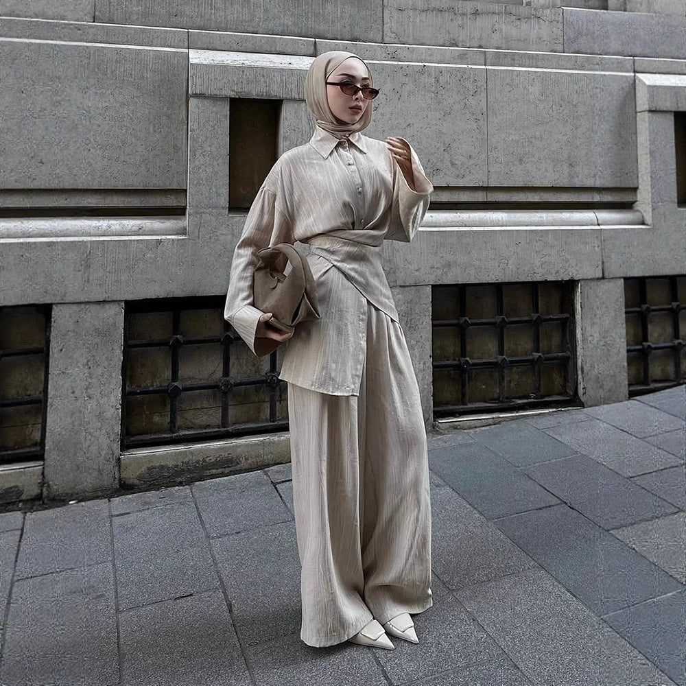 Women's casual tunic set with wrap belt and wide palazzo pants EVA-US