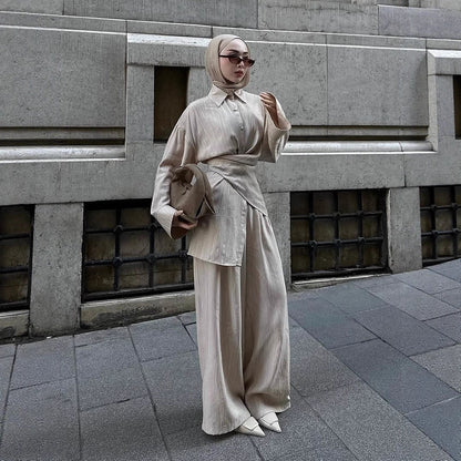 Women's casual tunic set with wrap belt and wide palazzo pants EVA-US