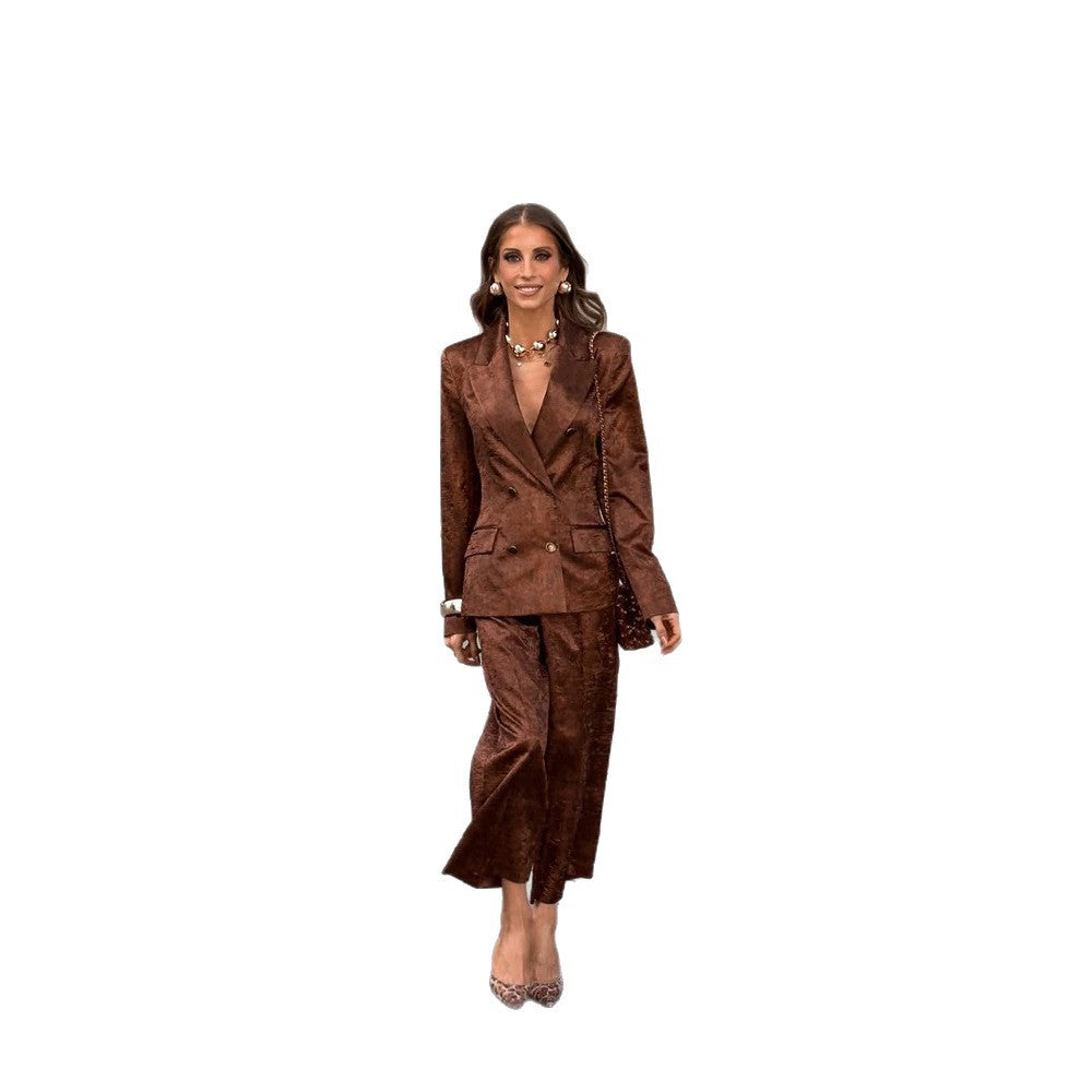 Women's Double-Breasted Velvet Blazer and Cropped Pants Co-Ord Set EVA-US
