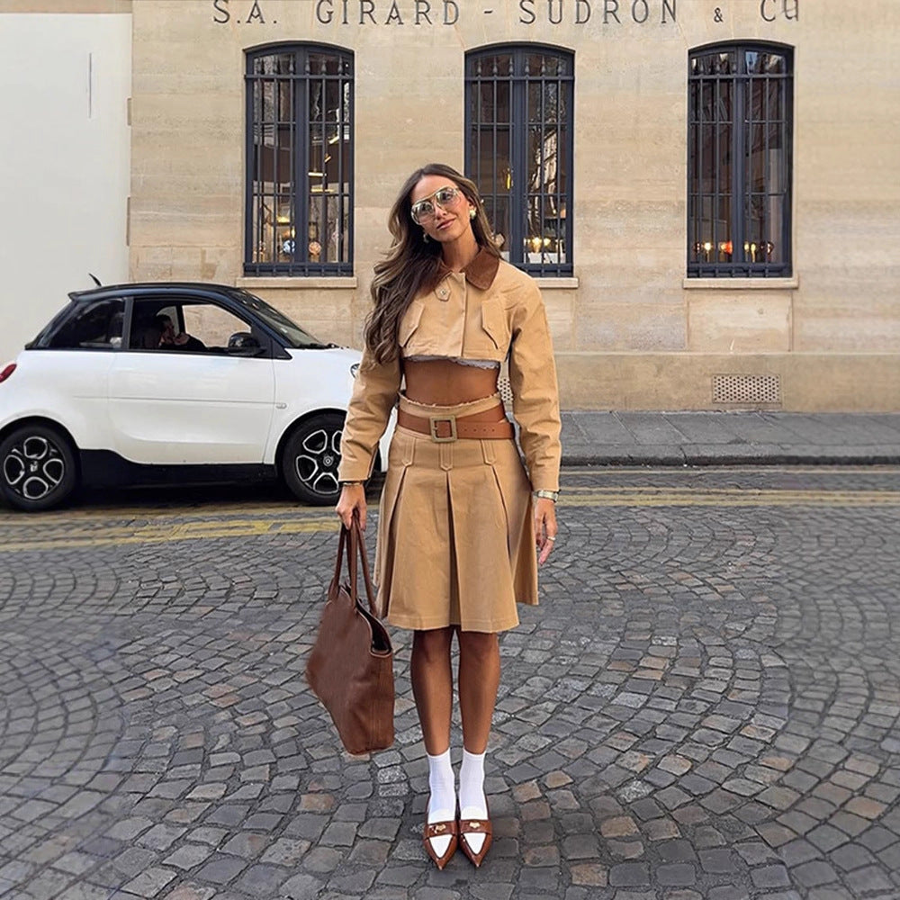 Women Cropped Utility Jacket with Cord Collar and Flap Pockets EVA-US