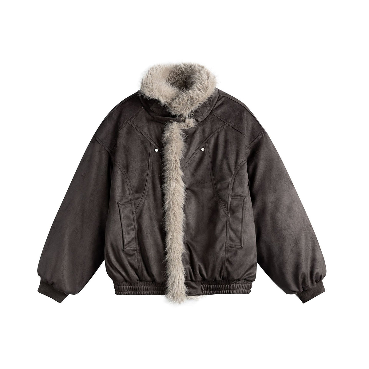 Women's boxy bomber jacket made of faux suede with a voluminous faux fur collar EVA-US