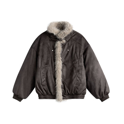 Women's boxy bomber jacket made of faux suede with a voluminous faux fur collar EVA-US