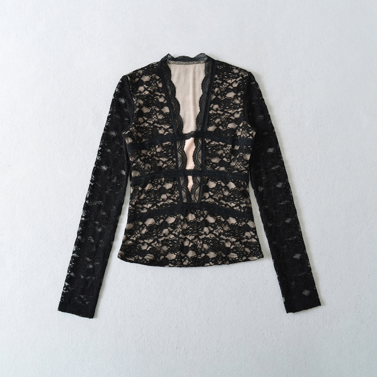 Women's Transparent Lace Blouse with V-Neck, Tailored Inserts and Long Sleeves EVA-US