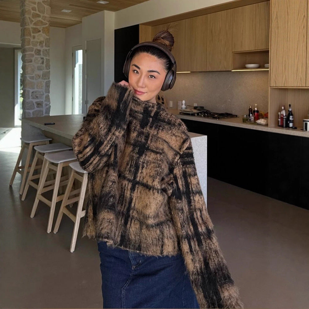 Women's Fluffy Sweater in Vintage Check with High Collar and Frayed Hem EVA-US