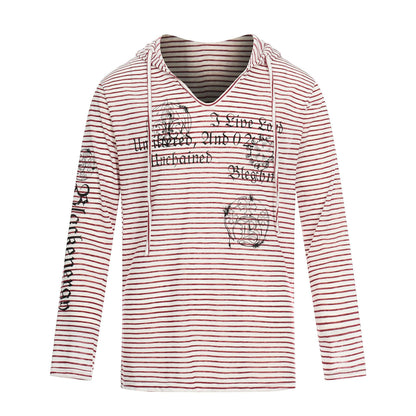 Women's Lightweight Hooded Long Sleeve with V-Neck, Striped Pattern and Vintage Print EVA-US