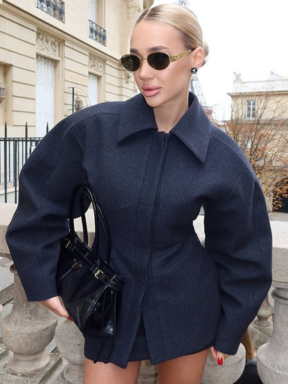 Women's Tailored Short Coat made of Wool Blend with Sculptural Balloon Sleeves EVA-US